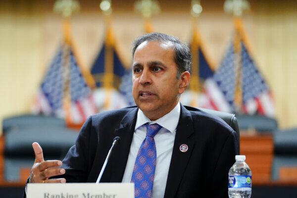 Rep. Raja Krishnamoorthi (D-Ill.) speaks during a press conference unveiling the results of the Select Committee on the Chinese Communist Party (CCP) investigation into the biolab discovered in Reedley, Calif., in Washington on Nov. 15, 2023. (Madalina Vasiliu/The Epoch Times)