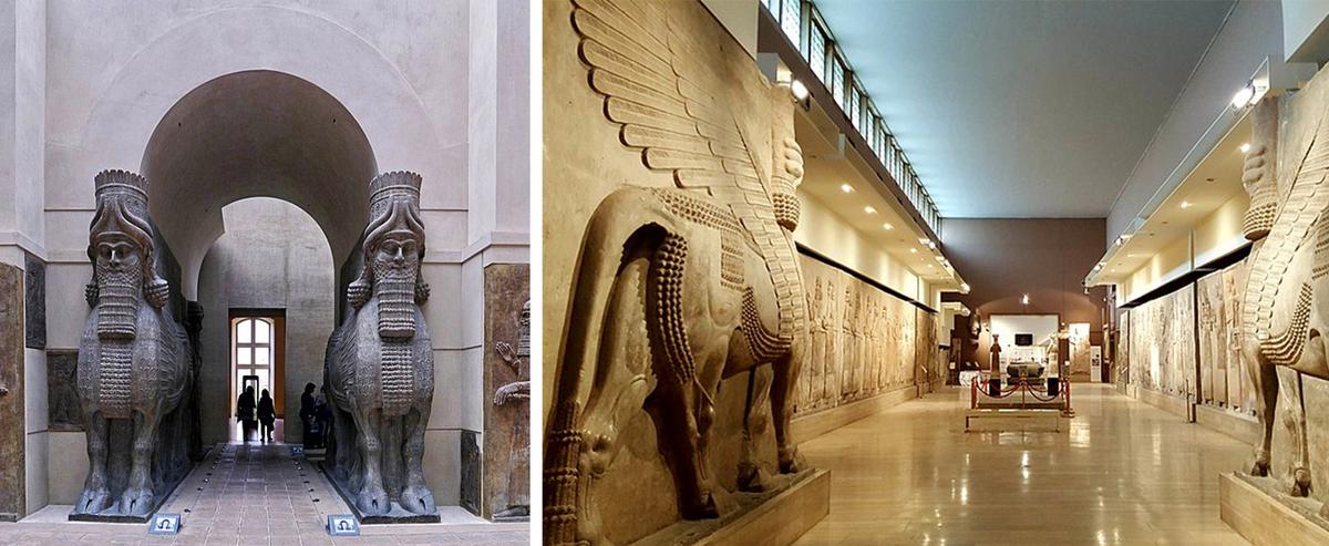  (Left) Lamassu guardians are featured at the Louvre, Paris; (Right) Lamassus stand in the Assyrian Hall at the Iraqi Museum in Baghdad, Iraq. (Left: <a href="https://commons.wikimedia.org/wiki/File:Human-headed_Winged_Bulls_Gate_-_Louvre.jpg">Poulpy</a>/CC BY 3.0; Right: <a href="https://en.wikipedia.org/wiki/File:Iraqi_Museum.jpg">MohammadHuzam</a>/CC BY 4.0)