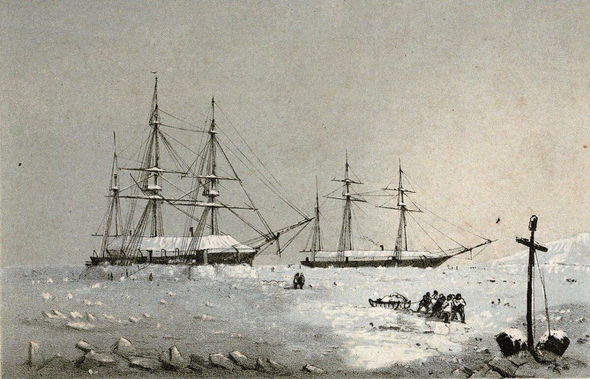 HMS Resolute and HMS Intrepid winter quarters, at Melville Island, 1852–53, by George Frederick McDougall, sailing master on Resolute. (Public Domain)