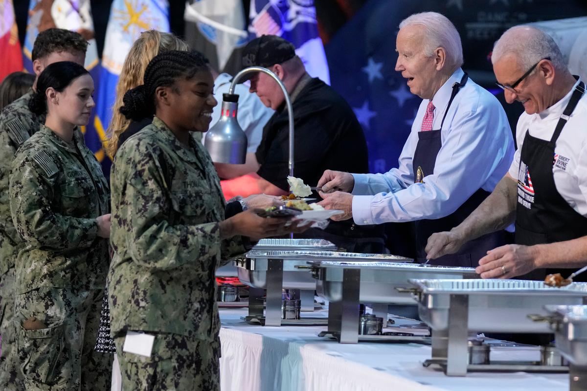 The Bidens Start Thanksgiving Early by Serving Dinner and Showing 'Wonka' to Service Members