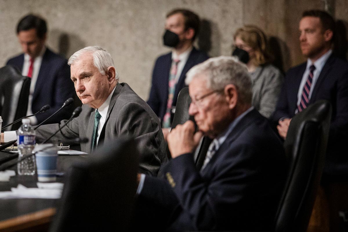  Committee Chair Sen. Jack Reed (D-R.I) looks on during a Senate Armed Services Committee hearing at the U.S. Capitol in Washington on May 5, 2022. (Tom Brenner/Getty Images)