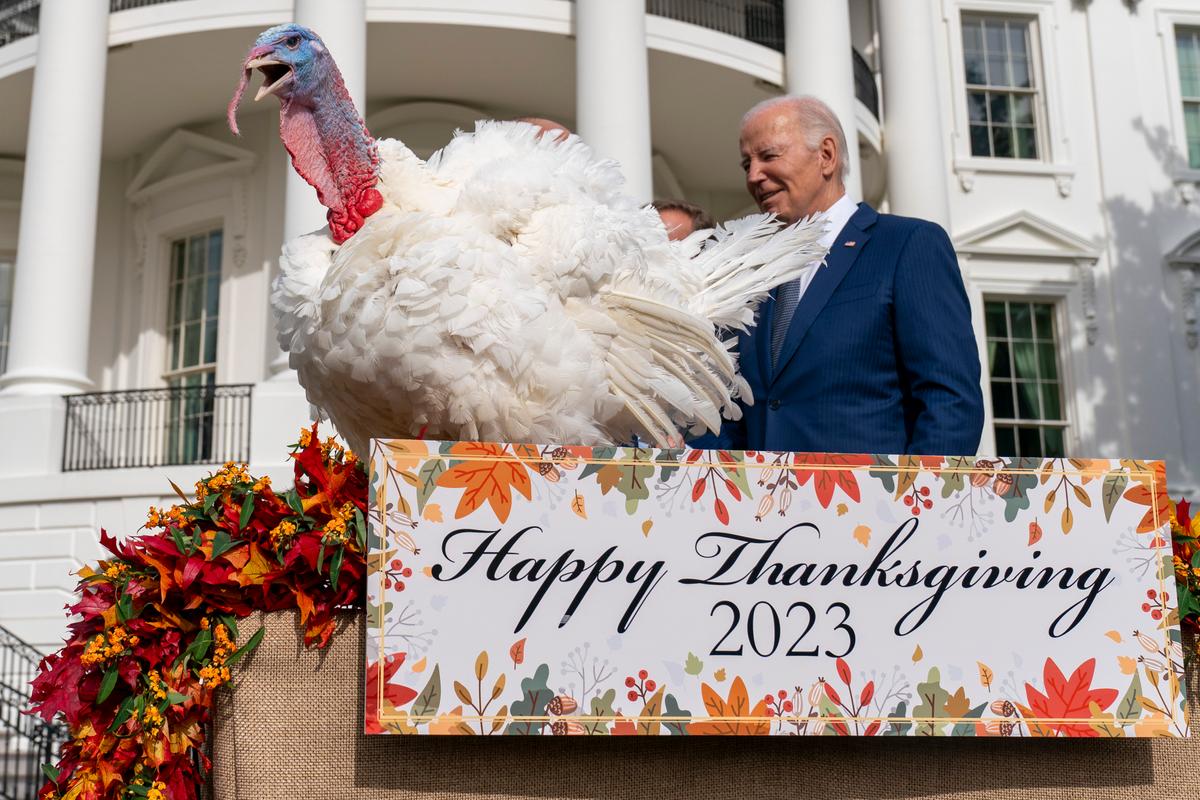  President Joe Biden stands next to Liberty, one of the two national Thanksgiving turkeys, after pardoning them during a ceremony on the South Lawn of the White House on Nov. 20, 2023. (Andrew Harnik/AP Photo)