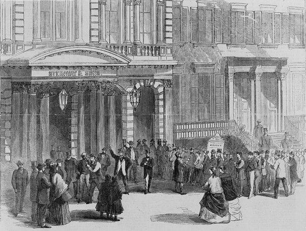 Crowd of spectators buying tickets for a Dickens reading at Steinway Hall, New York City in 1867. Library of Congress. (Public Domain)