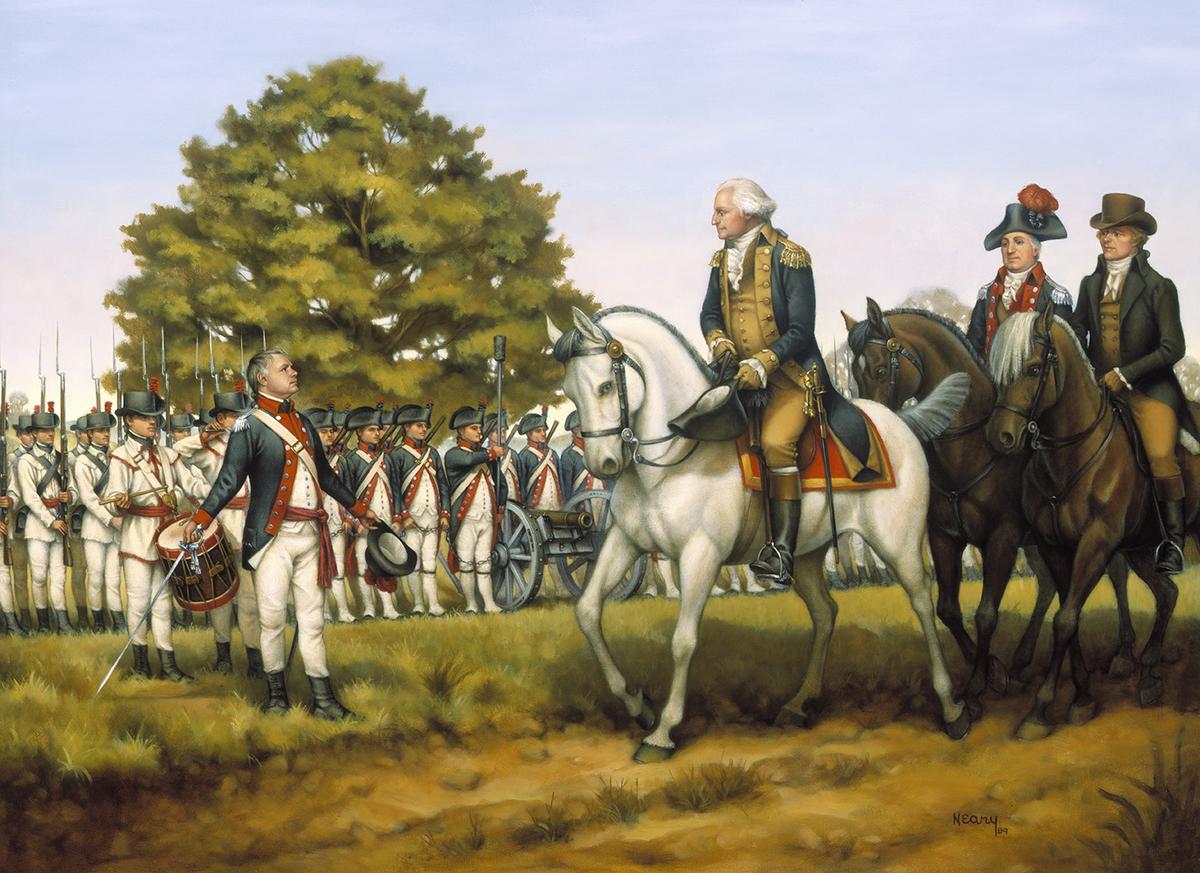 An illustration of Washington first using Militia Law to "Execute the Laws of the Union," during the Whiskey Rebellion in 1974, by Donna Neary. The National Guard. (Public Domain)