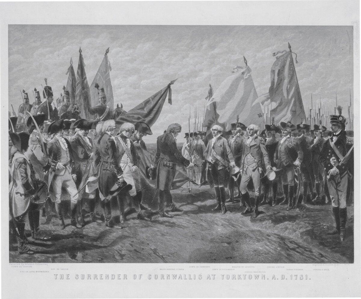 A print titled “The Surrender of Cornwallis at Yorktown A.D. 1781” by the Illman Brothers after Charles Édouard Armand-Dumaresq, circa 1870. （Public Domain）