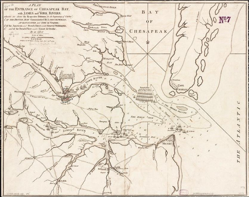 A plan of the entrance of Chesapeake Bay with James and York rivers showing the positions of the British Army at Gloucester and York, as well as the American and French forces, published in 1781. （Public Domain）