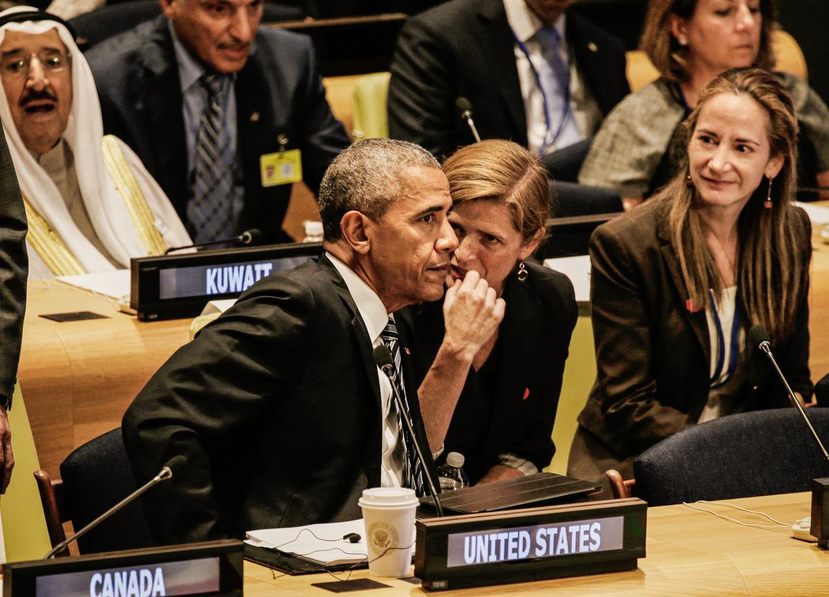 President Barack Obama (L) speaks with U.S. Ambassador to the United Nations Samantha Power at a summit during the U.N. General Assembly at the U.N. headquarters in New York on Sept. 20, 2016. (Peter Foley/Pool/Getty Images)