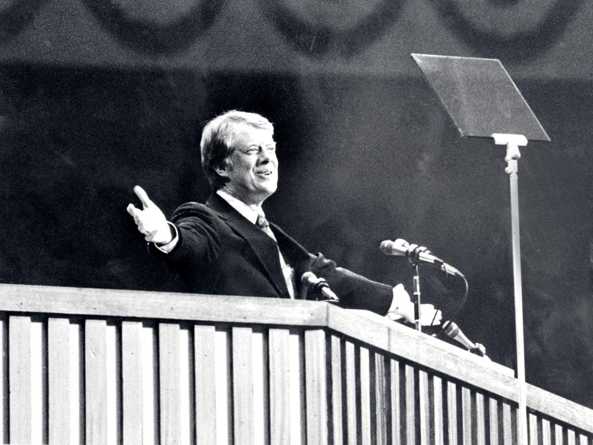 Democratic presidential candidate Jimmy Carter during the Democratic National Convention in New York City in June 1976. (STR/LEHTIKUVA/AFP via Getty Images)