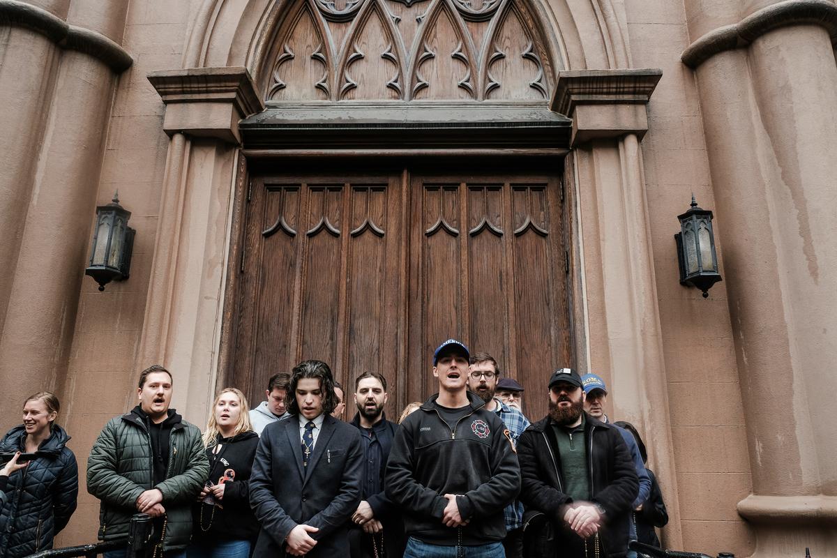 Pro-life advocates face a gathering of pro-abortion advocates outside a Catholic church in downtown Manhattan on May 7, 2022. (Spencer Platt/Getty Images)