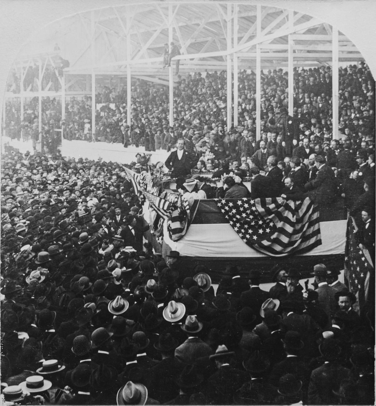 A stereoscopic image shows American politician and lawyer William Jennings Bryan addressing the Christian Endeavour Convention in San Francisco in June 1897. (Keystone View Company/Graphic House/Archive Photos/Getty Images)