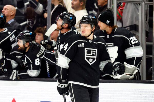 Arthur Kaliyev (34) of the Los Angeles Kings celebrates a goal against the Washington Capitals in the first period in Los Angeles on Nov. 29, 2023. (Ronald Martinez/Getty Images)