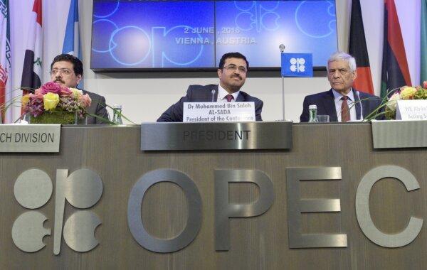 (L-R) Omar Abdul Hamid, OPEC Director of Research Division; Mohammed Bin Saleh Al-Sada, Minister of Energy and Industry of Qatar and President of the OPEC Conference; and Abdallah Salem El-Badri, OPEC's Secretary General, attend a news conference after the 169th Ordinary meeting of the Conference of the Organization of the Petroleum Exporting Countries OPEC at the OPEC headquarters in Vienna, Austria, on June 2, 2016. (Hans Punz/AFP via Getty Images)