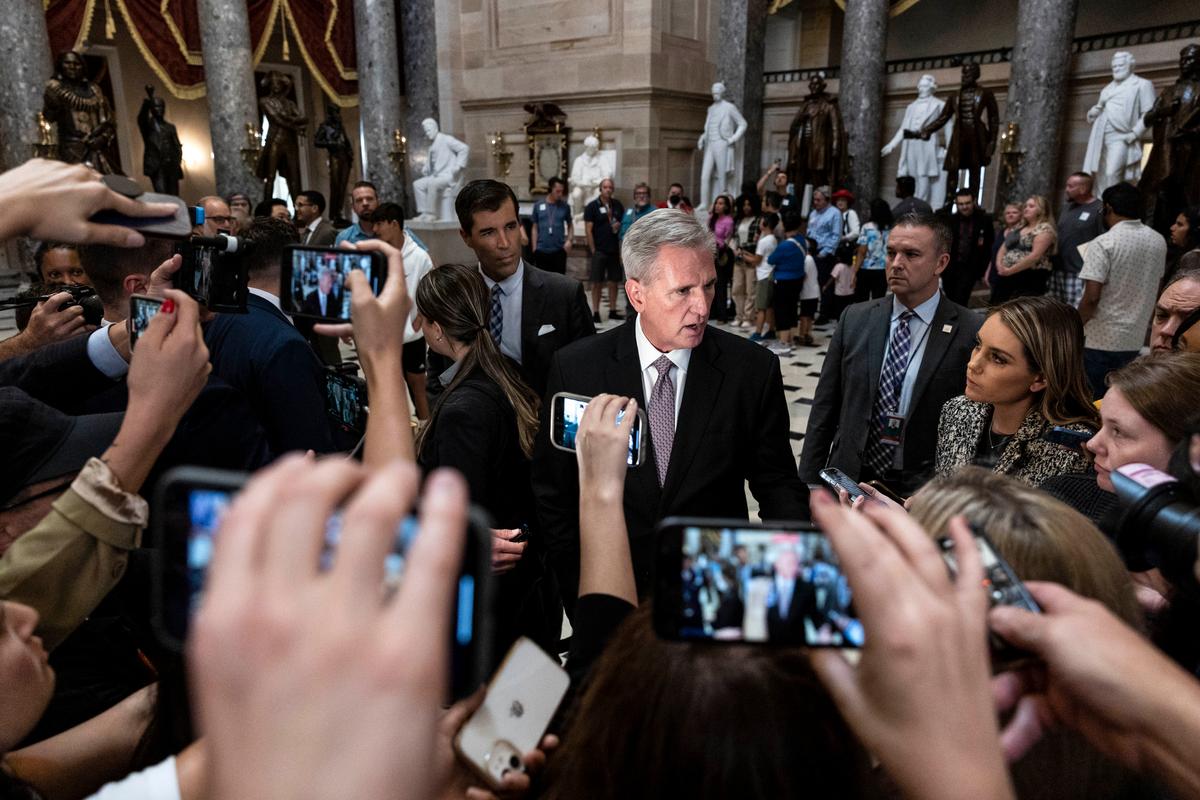 Then-House Speaker Kevin McCarthy (R-Calif.) talks to reporters inside the U.S. Capitol in Washington on Oct. 2, 2023. (Photo by Anna Moneymaker/Getty Images)