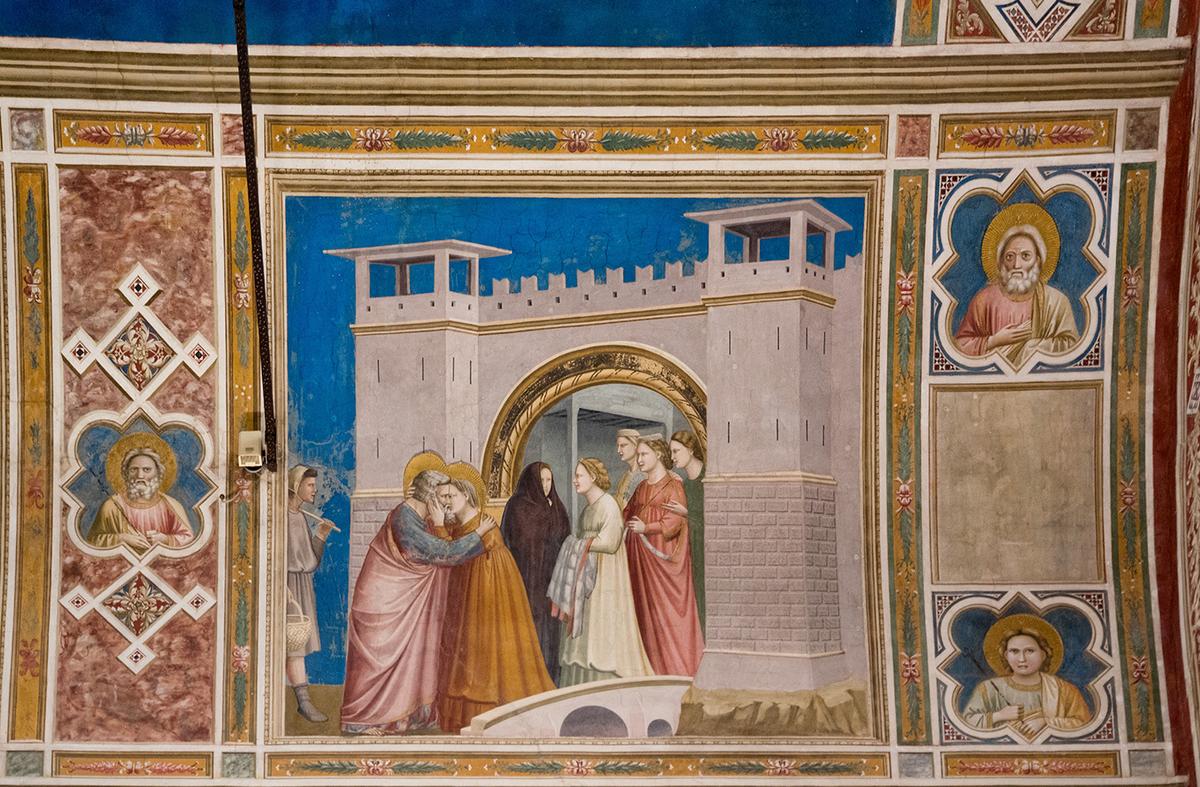 Scene No. 6 from the Cycle of the Life of Joachim, “Meeting at the Golden Gate,” between 1303 and 1306, by Giotto. Fresco. Scrovegni Chapel, Padua, Italy. (joergens.mi/<a href="https://creativecommons.org/licenses/by-sa/3.0/">CC BY-SA 3.0 DEED</a>)