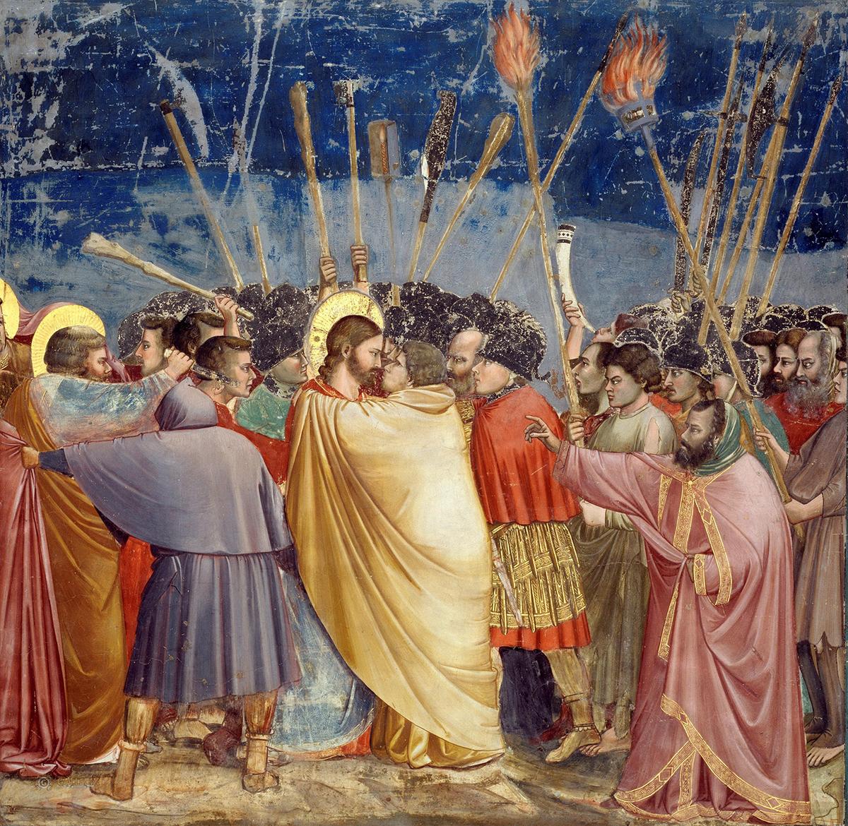 “The Arrest of Christ (Kiss of Judas)” from the Cycle of the Life of Joachim, between 1303 and 1306, by Giotto. Fresco. Scrovegni Chapel, Padua, Italy. (Public Domain)