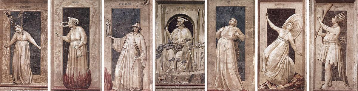 The Seven Vices (L–R): Despair, Envy, Infidelity, Injustice, Wrath, Inconstancy, and Folly. (Public Domain)