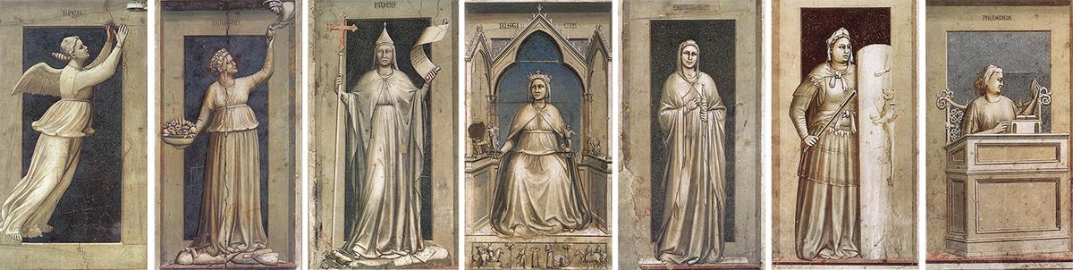 The Seven Virtues (L–R): Hope, Charity, Faith, Justice, Temperance, Fortitude, and Prudence. (Public Domain)