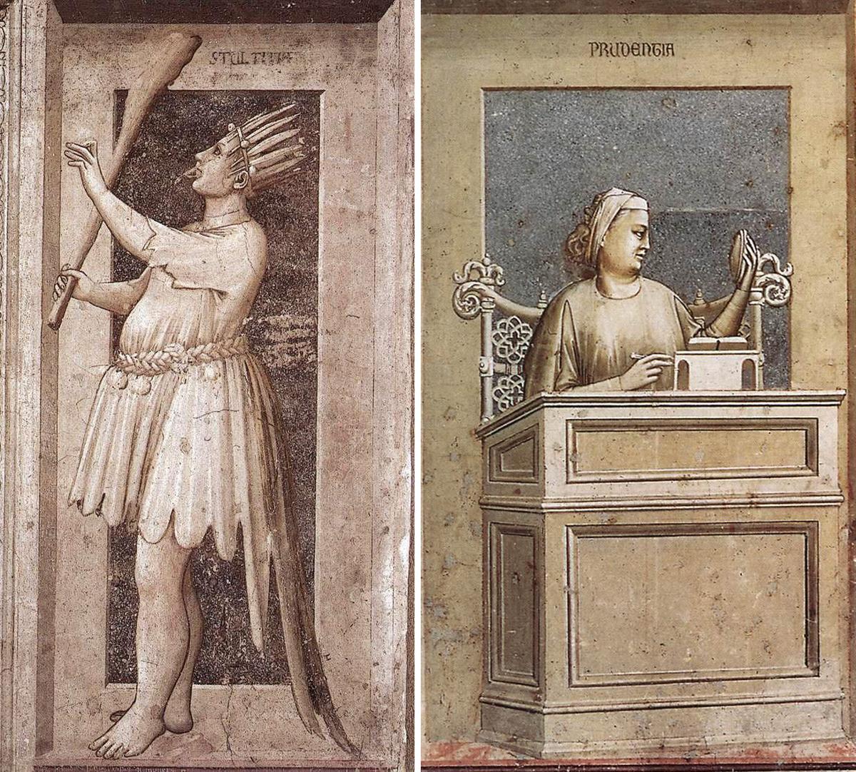 Folly (L) and Prudence from Giotto's seven vices and virtues. (Public Domain)