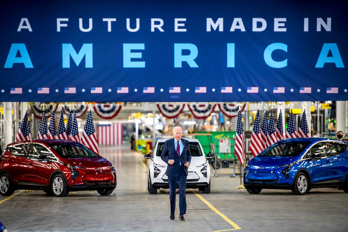President Joe Biden arrives at the General Motors Factory ZERO electric vehicle assembly plant in Detroit, Mich., on Nov/ 17, 2021. Biden's infrastructure bill allocates $1 trillion for, among other things, adding electric vehicle charging stations around the country. (Nic Antaya/Getty Images)
