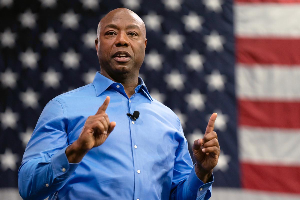 Sen. Tim Scott (R-S.C.) announces his run for the 2024 Republican presidential nomination at an event in North Charleston, S.C., on May 22, 2023. (Allison Joyce/Getty Images)