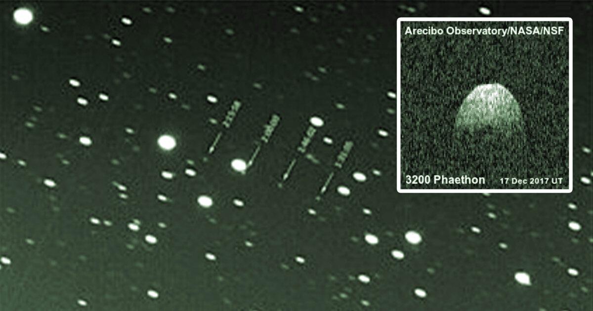 Imagery of 3200 Phaethon on Christmas Day, 2010 (<a href="https://commons.wikimedia.org/wiki/File:Asteroid_Phaethon_25dec2010_stack.jpg">Marcoaliaslama</a>/CC BY 3.0); (Inset) Detailed imagery of 3200 Phaethon on Dec. 17, 2017 (<a href="https://commons.wikimedia.org/wiki/File:PIA22185.gif">Public Domain</a>).
