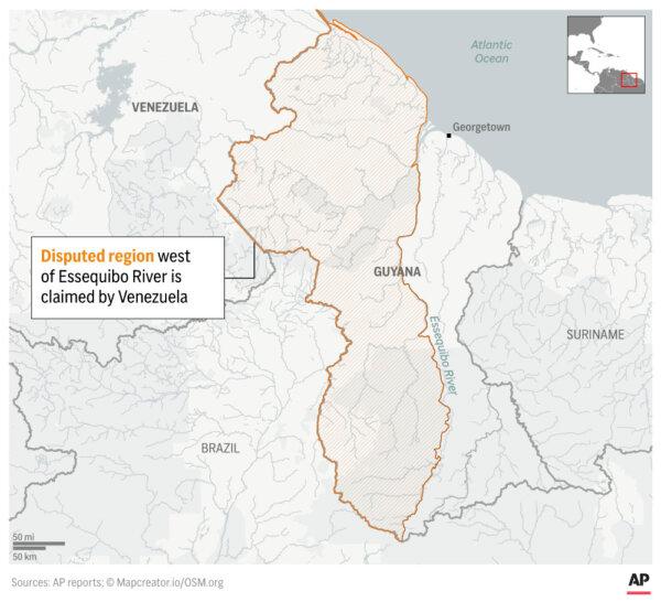 Venezuela has claimed a large swath of Guyana known as the Essequibo region since the 19th century as its own, rejecting the borders decided by international arbitrators in 1899. (AP Graphic)