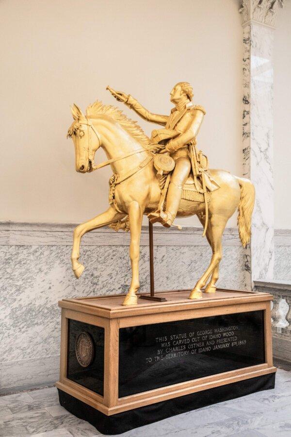 On the west side of the entrance to Statuary Hall on the rotunda’s fourth floor is displayed the sculpture “George Washington Equestrian.” Austrian immigrant Charles Ostner (1828–1913) carved the statue from a single pine tree. After four years’ work, he presented it to the leadership of the Idaho territory in 1869 and was subsequently paid $2,500. Until 1934, the statue stood on the capitol grounds. It was then moved indoors, refurbished, and covered in gold leaf. (Courtesy of the Idaho State Historical Society)