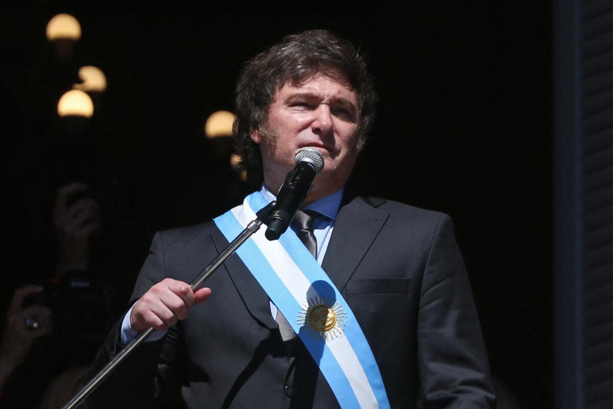 Argentina's new president, Javier Milei, speaks to the crowd from a balcony of the Casa Rosada government palace during his inauguration day in Buenos Aires, Argentina, on Dec. 10, 2023. (Cezaro de Luca/AFP via Getty Images)