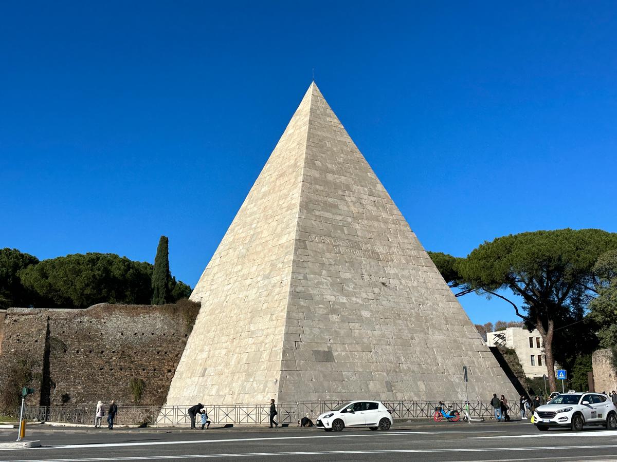 The Roman pyramid stands at a height of about 120 feet and has a base length of approximately 98 feet. (Tim Johnson)