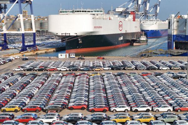 Electric cars for export waiting to be loaded on the "BYD Explorer NO.1", a domestically manufactured vessel intended to export Chinese automobiles, at Yantai port, in eastern China's Shandong province, on Jan. 10, 2024. (AFP via Getty Images)