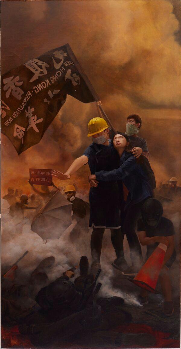 “Choosing Conscience Amid Political Unrest” by Shi-Ju Chiang of Taiwan. Oil on Canvas; 102 1/8 inches by 53 1/8 inches. (NTD International Figure Painting Competition)