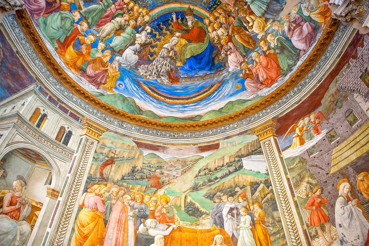 Filippo Lippi's fresco in Umbria's Spoleto Cathedral, featuring a small self-portrait in right of the lower, central panel "Death of the Virgin," 1467–1469. (Gimas/Shutterstock)