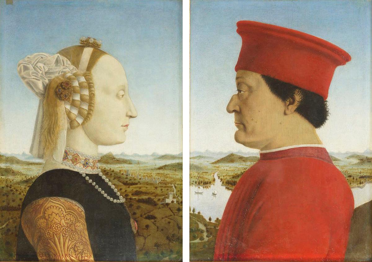 Portraits of the Duke and Duchess of Urbino, Federico da Montefeltro and Battista Sforza, between circa 1473 and 1475, Piero della Francesca. Uffizi Gallery, Florence. (Public Domain)