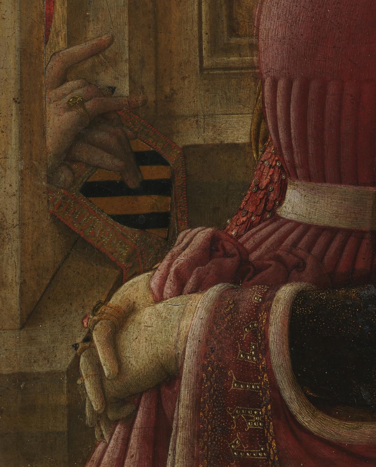 A detail of sitter's hands and rings in "Portrait of a Woman With a Man at a Casement," circa 1440, by Fra Filippo Lippi. (Public Domain)