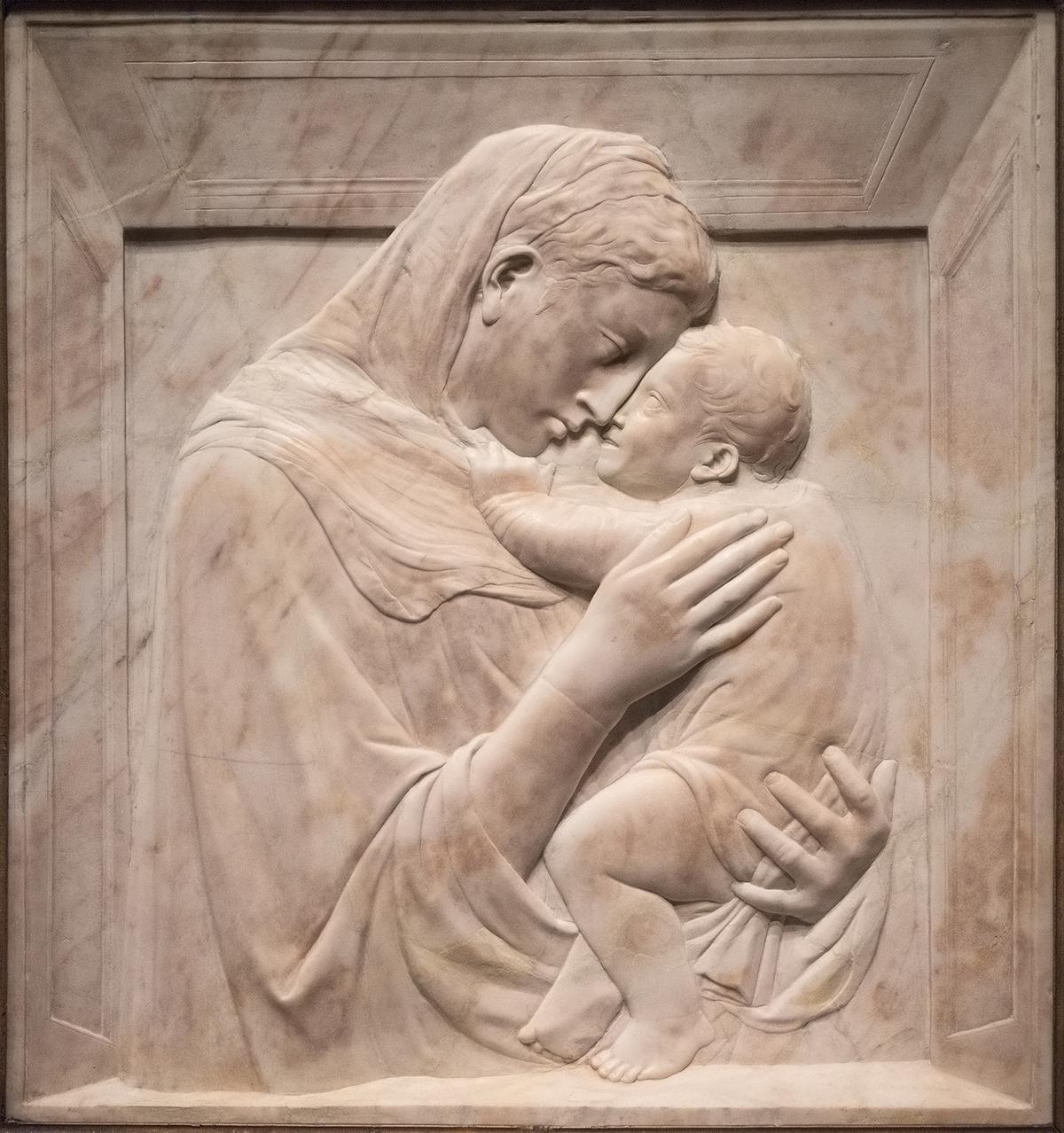 "Pazzi-Madonna," circa 1422, by Donatello. Marble. Bode-Museum, Berlin (<a href="https://commons.wikimedia.org/wiki/File:Donatello,_Pazzi-Madonna,_c1422,_Bode_Museum,_Berlin_wof.jpg">MenkinAlRire</a>/<a href="https://creativecommons.org/licenses/by-sa/4.0/deed.en">CC BY-SA 4.0 DEED</a>)