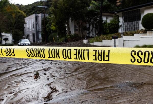 Heavy rainfall causes mudslides in Beverly Hills, Calif., on Feb. 6, 2024. (John Fredricks/The Epoch Times)