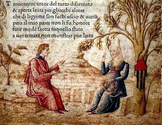 Petrarch and Laura in a miniature of “Il Canzionere,” circa 14th–15th<br/>century. (Public Domain)