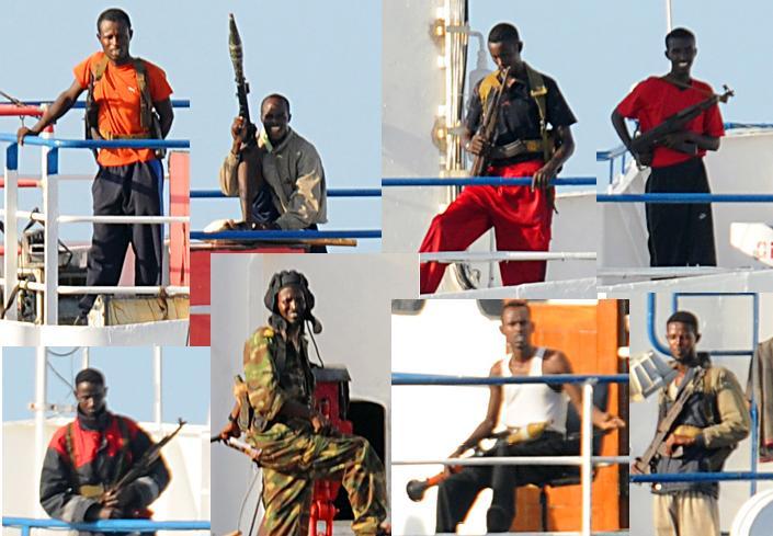Somali pirates hijacking boats. This collage is compiled from pictures taken during the 2008 hijacking of the Ukrainian cargo ship MV Faina. (Public Domain)