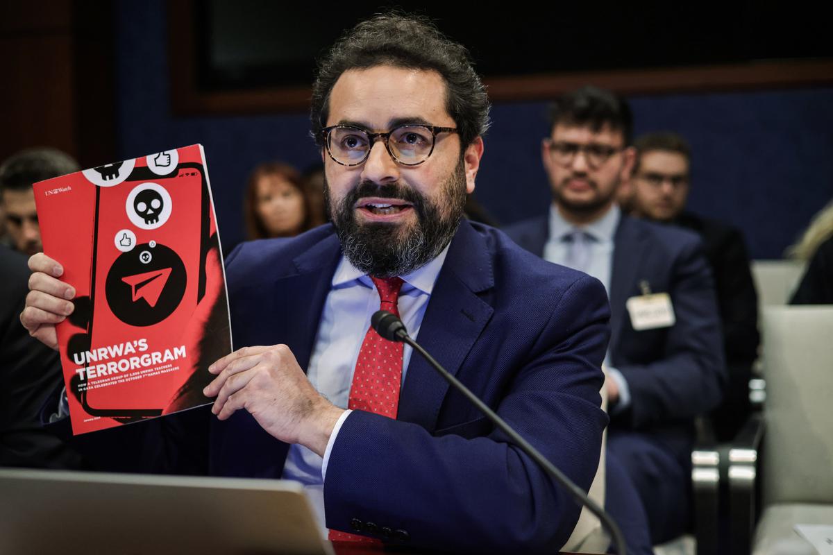 Hillel Neuer, executive director of U.N. Watch, testifies at a House hearing at the U.S. Capitol on Jan. 30, 2024. (Alex Wong/Getty Images)