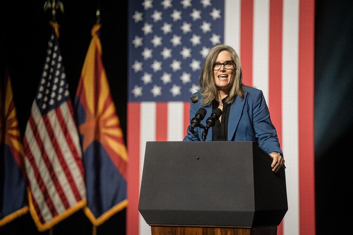 Arizona Gov. Katie Hobbs delivers remarks at the Tempe Center for the Arts in Tempe, Ariz., on Sept. 28, 2023. (Rebecca Noble/Getty Images)