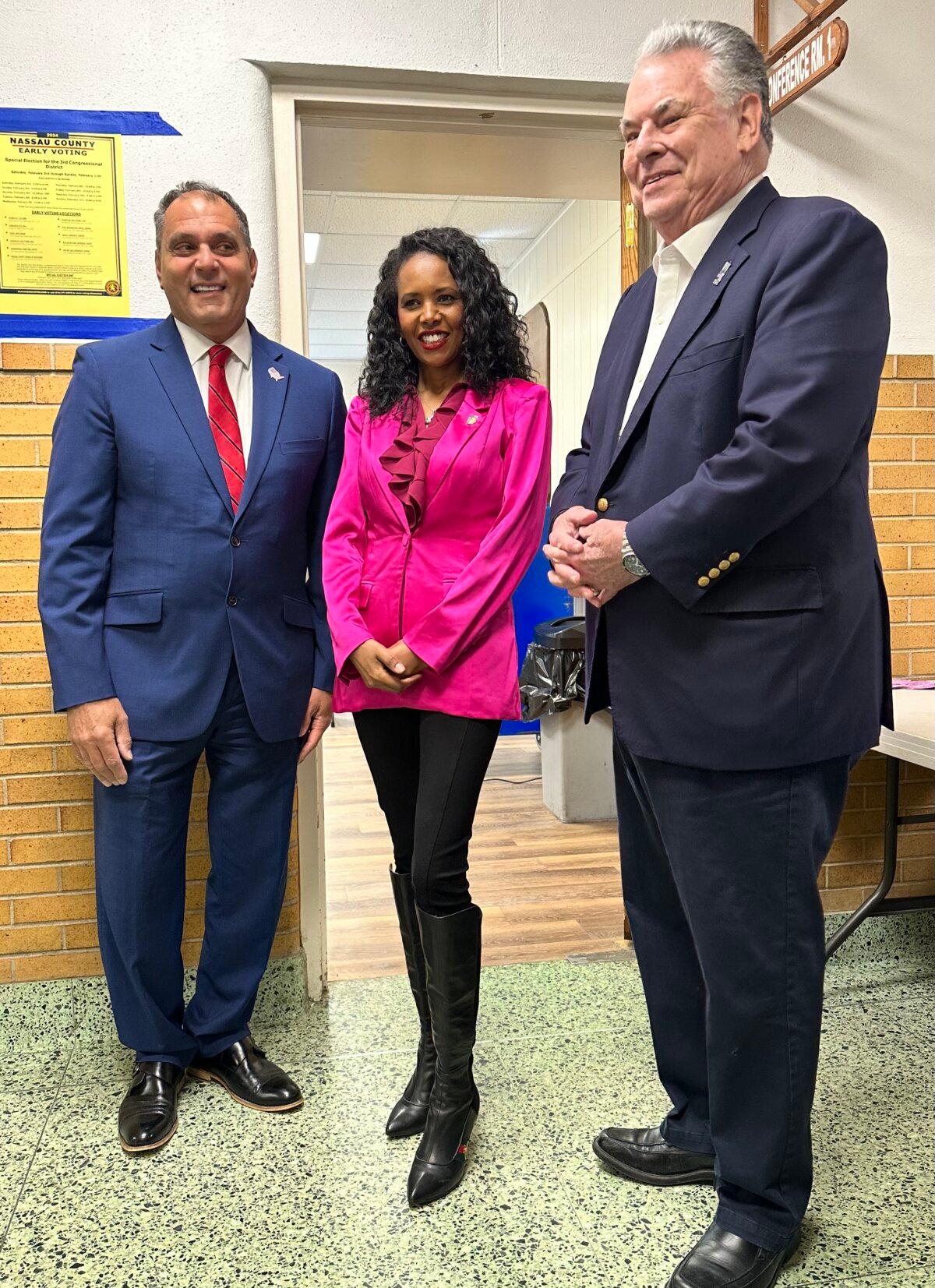 Oyster Bay Town Supervisor Joseph Saladino, Mazi Pilip, and former Congressman Peter King at the Robert E. Picken Town Hall South building on Feb. 9, 2024. (Juliette Fairley/The Epoch Times)