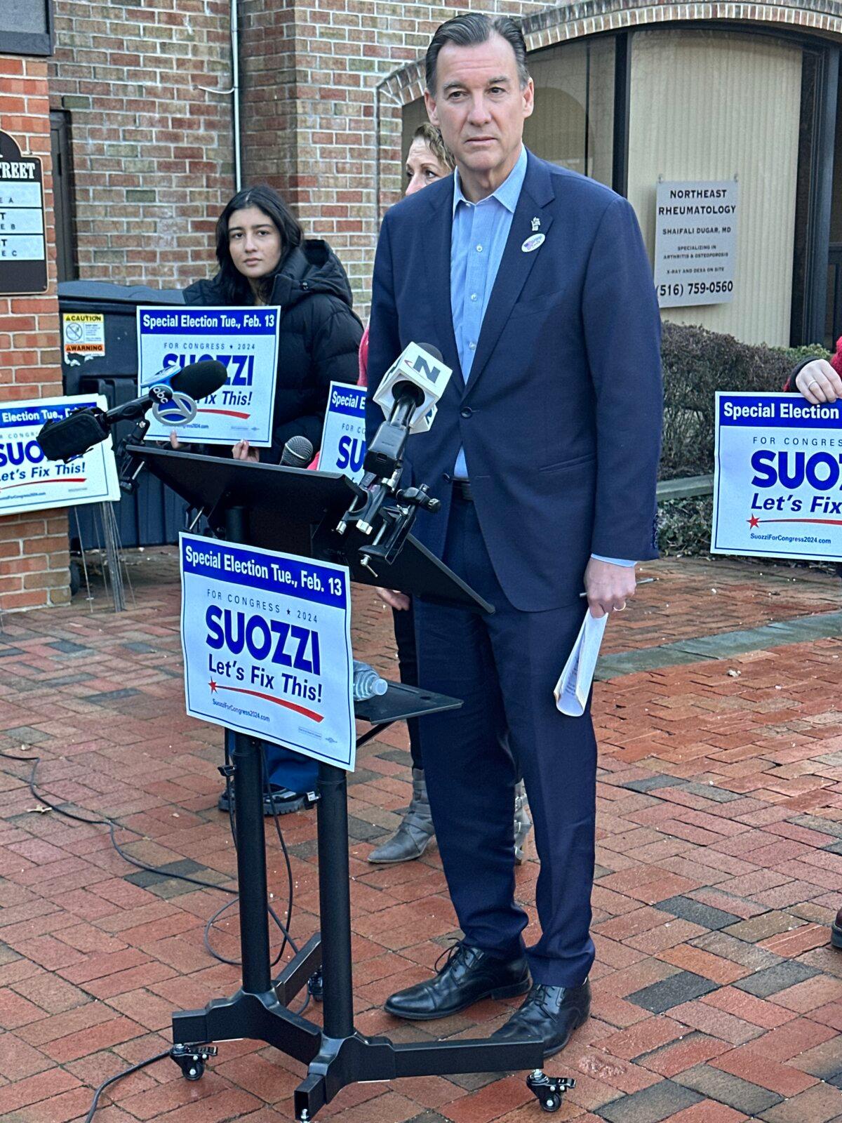 Tom Suozzi at his press conference after early voting at Glen Cove City Hall on Feb. 9, 2024. (Juliette Fairley/The Epoch Times)