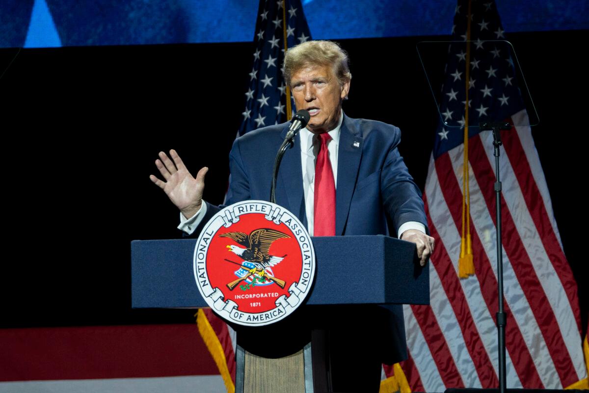 Former President Donald J. Trump speaks at a National Rifle Association gathering in Harrisburg, Pa., on Feb. 9, 2024. (Madalina Vasiliu/The Epoch Times)