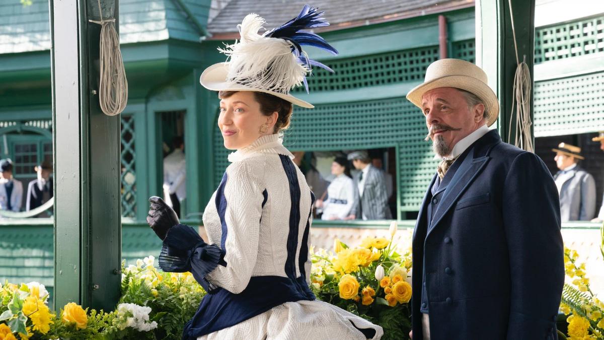 Bertha Russell (Carrie Coon) and Ward McAllister (Nathan Lane), in the TV series "The Gilded Age." (Courtesy of HBO)