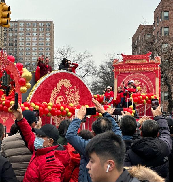 A float drives by on Main Street in the Flushing, Queens, Chinese Lunar New Year parade, where Tom Suozzi greeted supporters on Feb. 10, 2024. (Courtesy of Juliette Fairley)