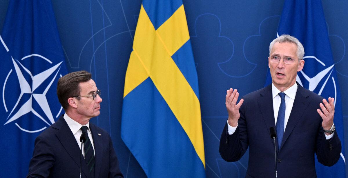 Sweden's Prime Minister Ulf Kristersson (L) and NATO Secretary General Jens Stoltenberg (R) address a press conference in Stockholm, Sweden, on Oct. 24, 2023. (Jonathan Nackstrand/AFP via Getty Images)