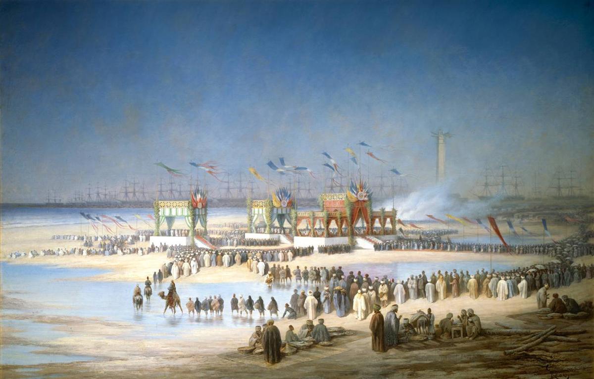 A painting of the inauguration ceremony of the Suez Canal at Port Said from "The Album of the Empress: Picturesque Journey through the Isthmus of Suez," 1869, by Edouard Riou. (Public Domain)