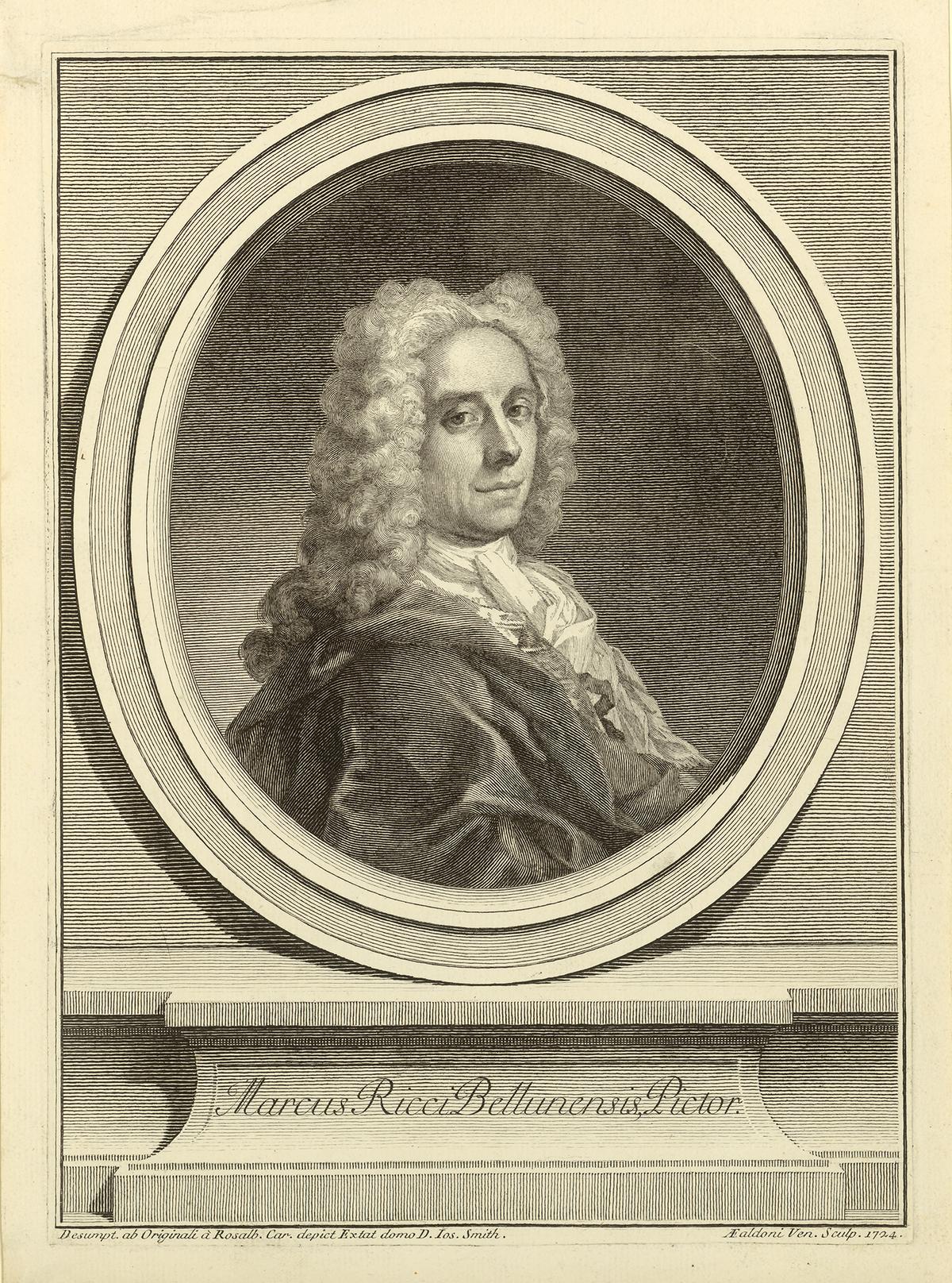 Portrait of Marco Ricci, 1720, etched by Giovanni Antonio Faldoni after Rosalba Carriera. Engraving on paper. ETH Library, Zurich. (Public Domain)
