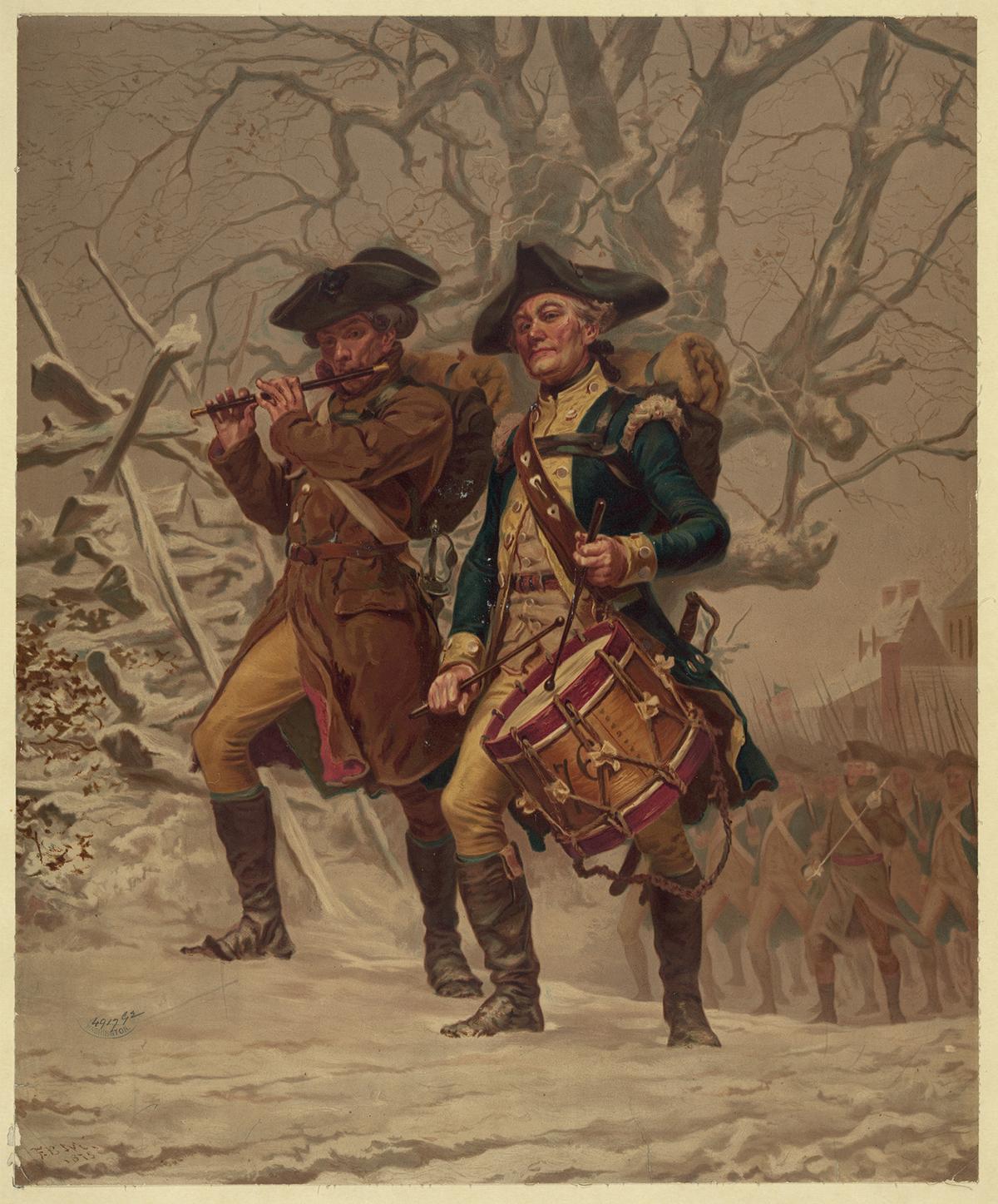 Two soldiers of the Continental Army color guard, playing fife and drum while marching in winter, 1875, by Frank Blackwell Mayer. Library of Congress. (Public Domain)