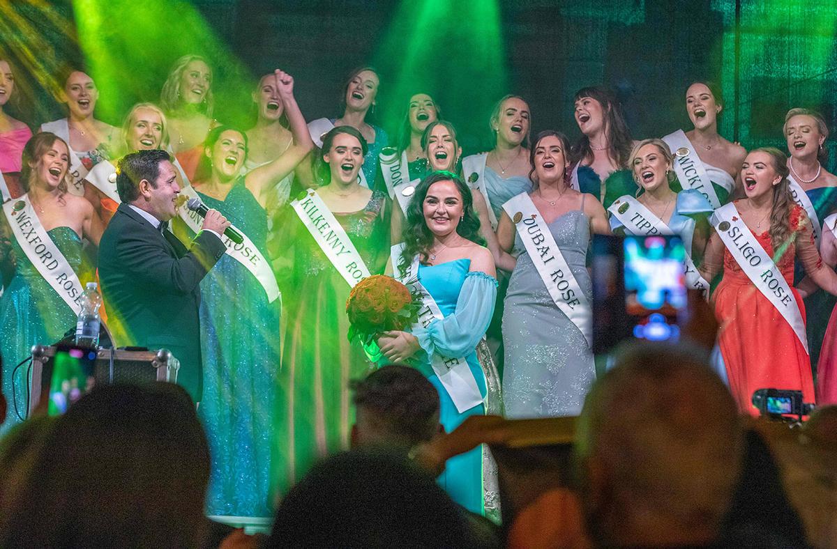 Winner of the 2022 Rose of Tralee pageant, Rachel Duffy from Westmeath receives her award during the live show in Tralee Co. Kerry, Ireland on Aug. 23. (Paul Faith/Getty Images)
